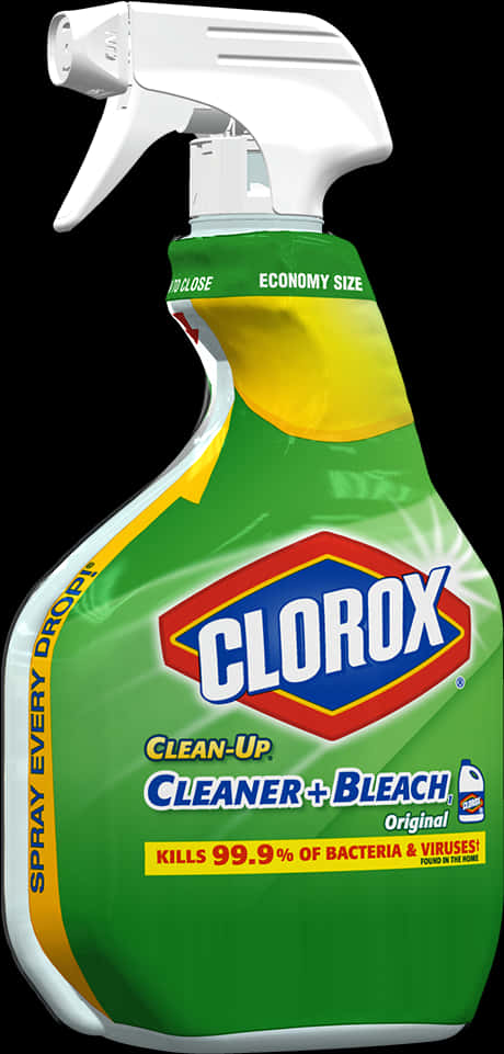 Clorox 潔淨除菌漂白噴霧（經濟裝） 壁紙 — 一個綠色和黃色的Clorox清潔劑瓶，帶噴嘴，黑色背景。