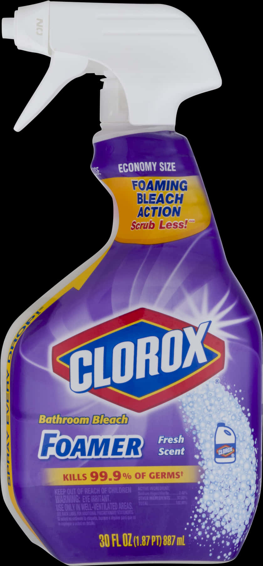 Clorox浴室漂白泡沫噴霧瓶 壁紙 — 一個紫色嘅Clorox浴室漂白泡沫瓶，配有白色噴嘴，背景係黑色。