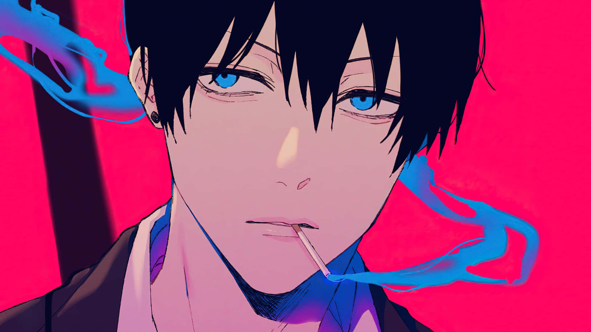  壁紙 — 一個近距離的動漫男孩，藍眼睛黑頭髮，在充滿活力的粉紅色背景和旋轉的藍色煙霧中吸煙。