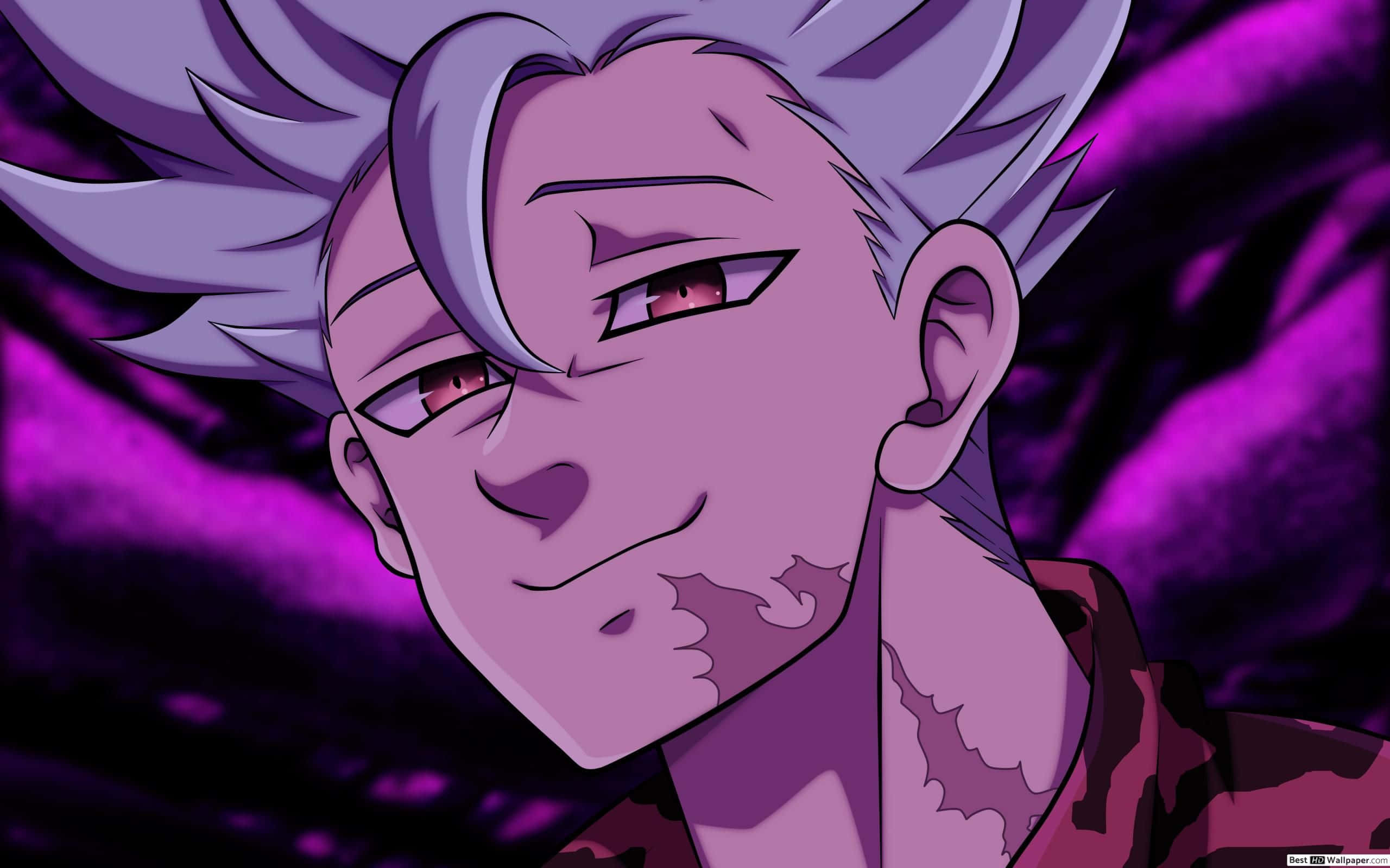 Seven Deadly Sins Ban 桌布 壁紙 — 一個近距離的動漫角色，擁有尖刺的銀色頭髮和紅色眼睛，在充滿活力的紫色背景下冷笑。