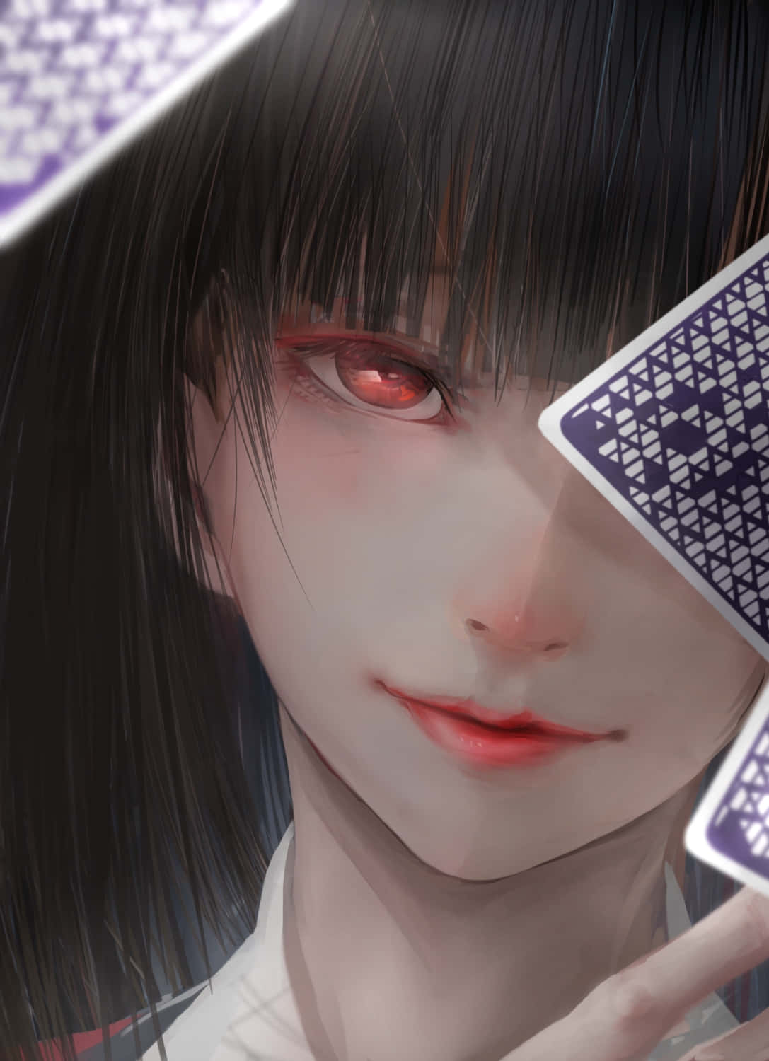  壁紙 — 一個近距離的動漫女孩，擁有發光的紅眼睛和黑髮，將撲克牌靠近臉部。