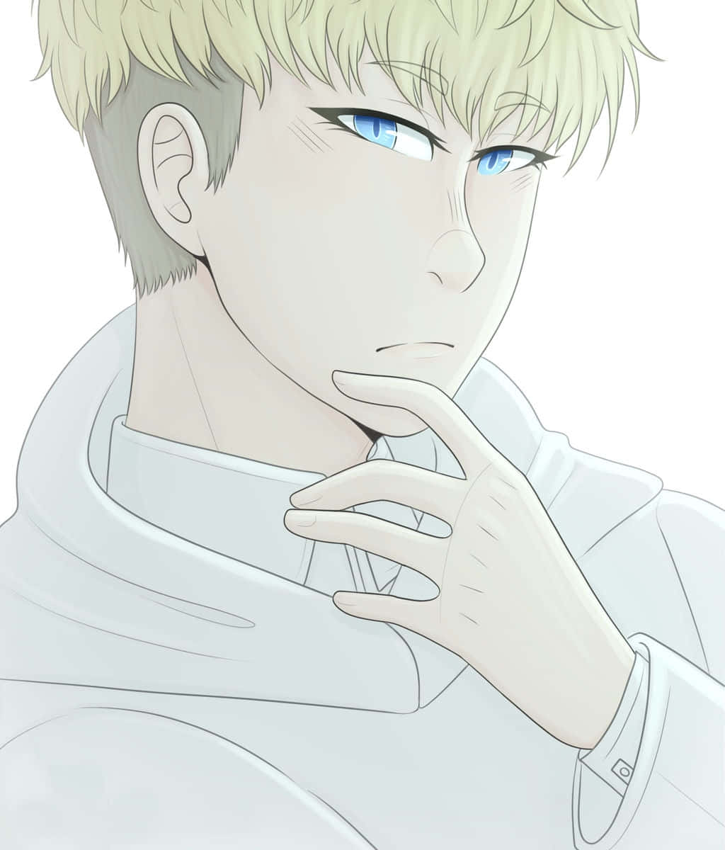 Ryo Asuka 桌布 壁紙 — 一個金髮藍眼的年輕男子穿著白色連帽衫的動漫特寫肖像，手托下巴沉思，背景為純白色。