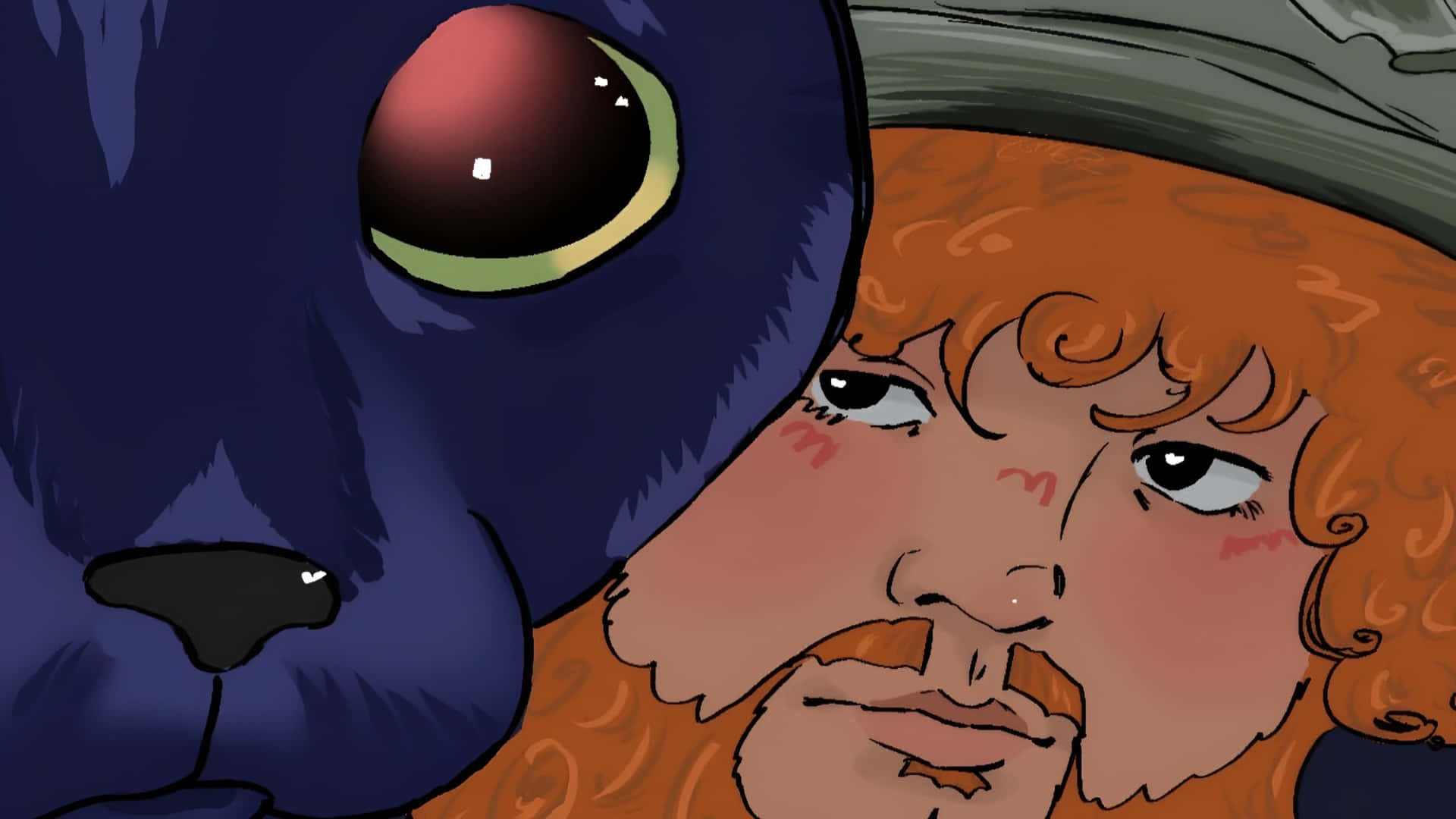 壁紙 — 一個特寫插圖，描繪一名擁有紅色捲髮的男子，正依偎著一隻擁有發光綠色眼睛的藍色大貓。