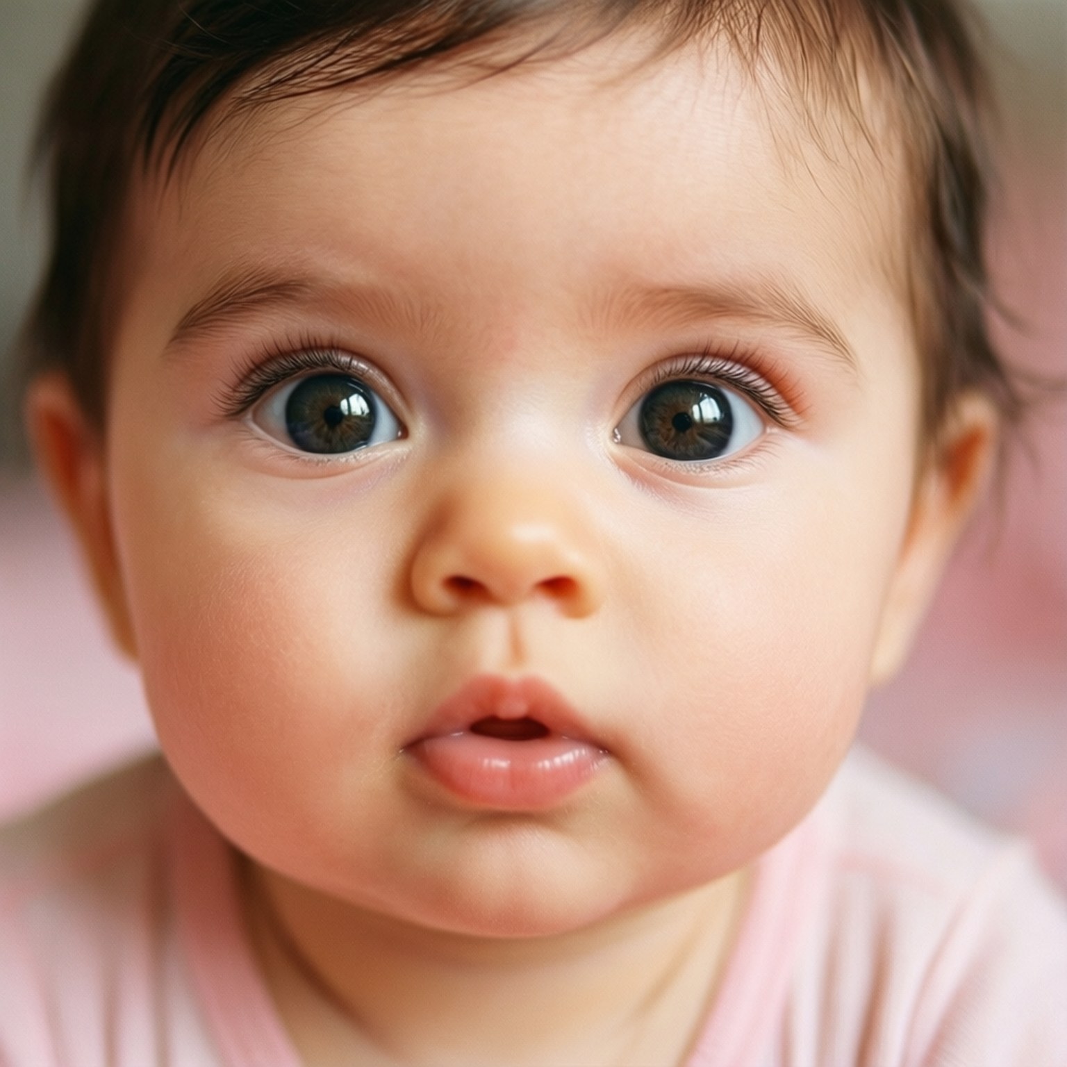 一個擁有寬闊好奇眼睛、穿著粉紅色衣服的嬰兒。