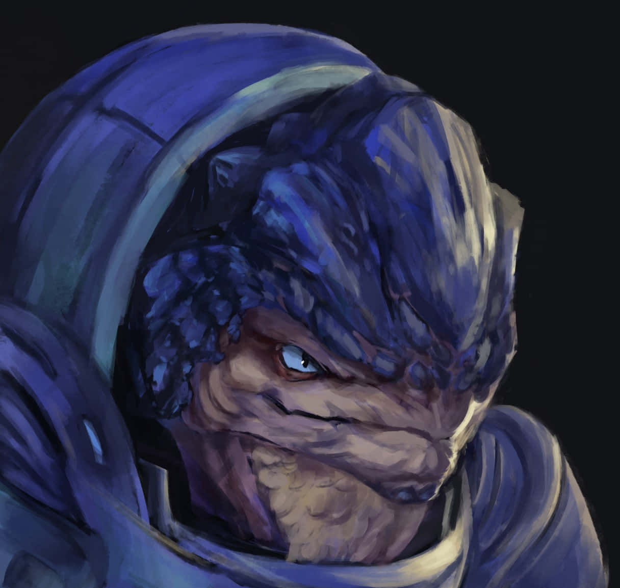 Mass Effect Grunt 桌布 壁紙 — 一個戴著頭盔的藍皮膚外星人特寫，眼睛發出強烈光芒，背景為黑色。