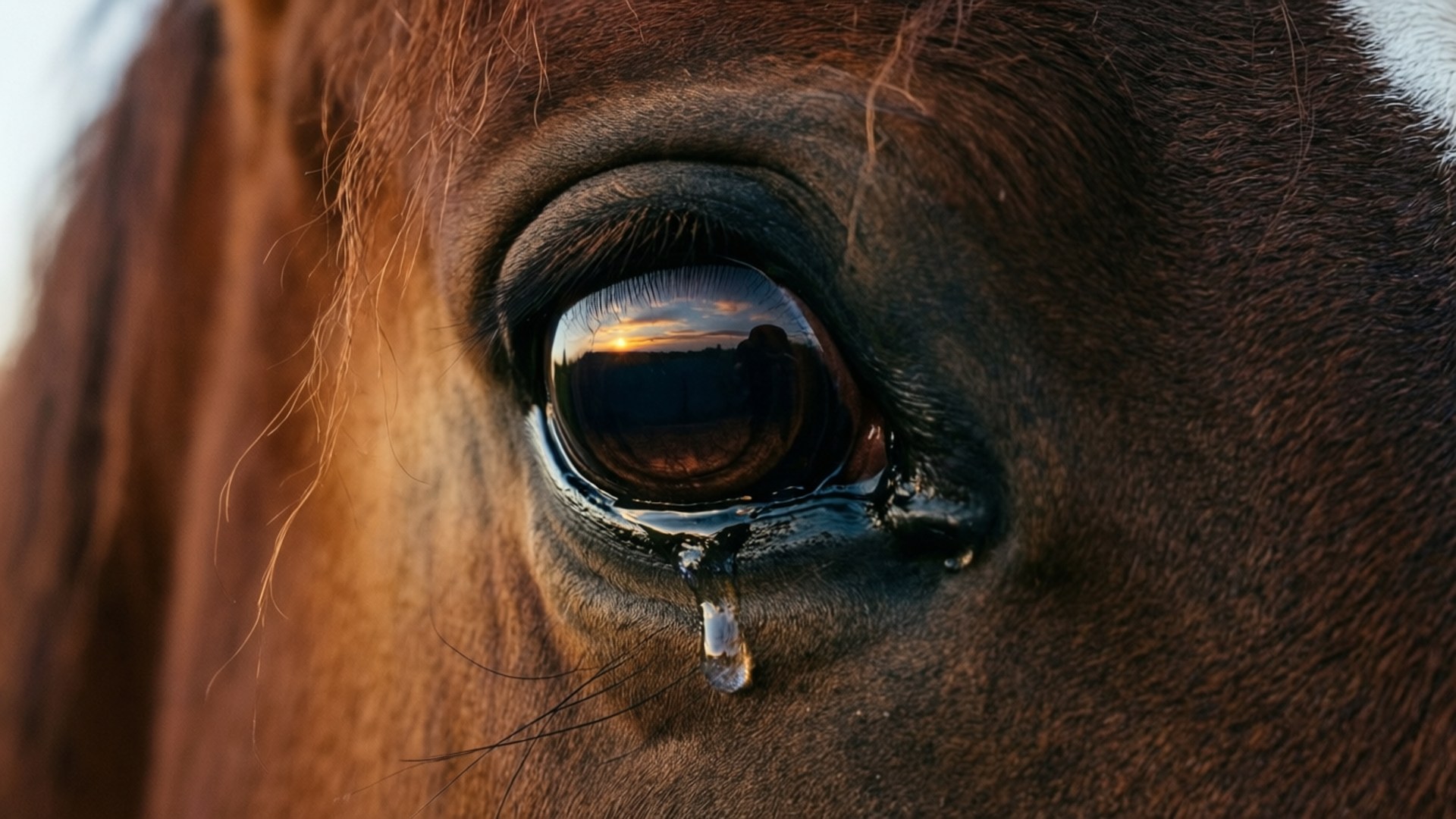 Soul of a Horse 壁紙 — 一匹棕色馬的眼睛特寫，反射著日落，一滴淚水順著臉頰滑落。