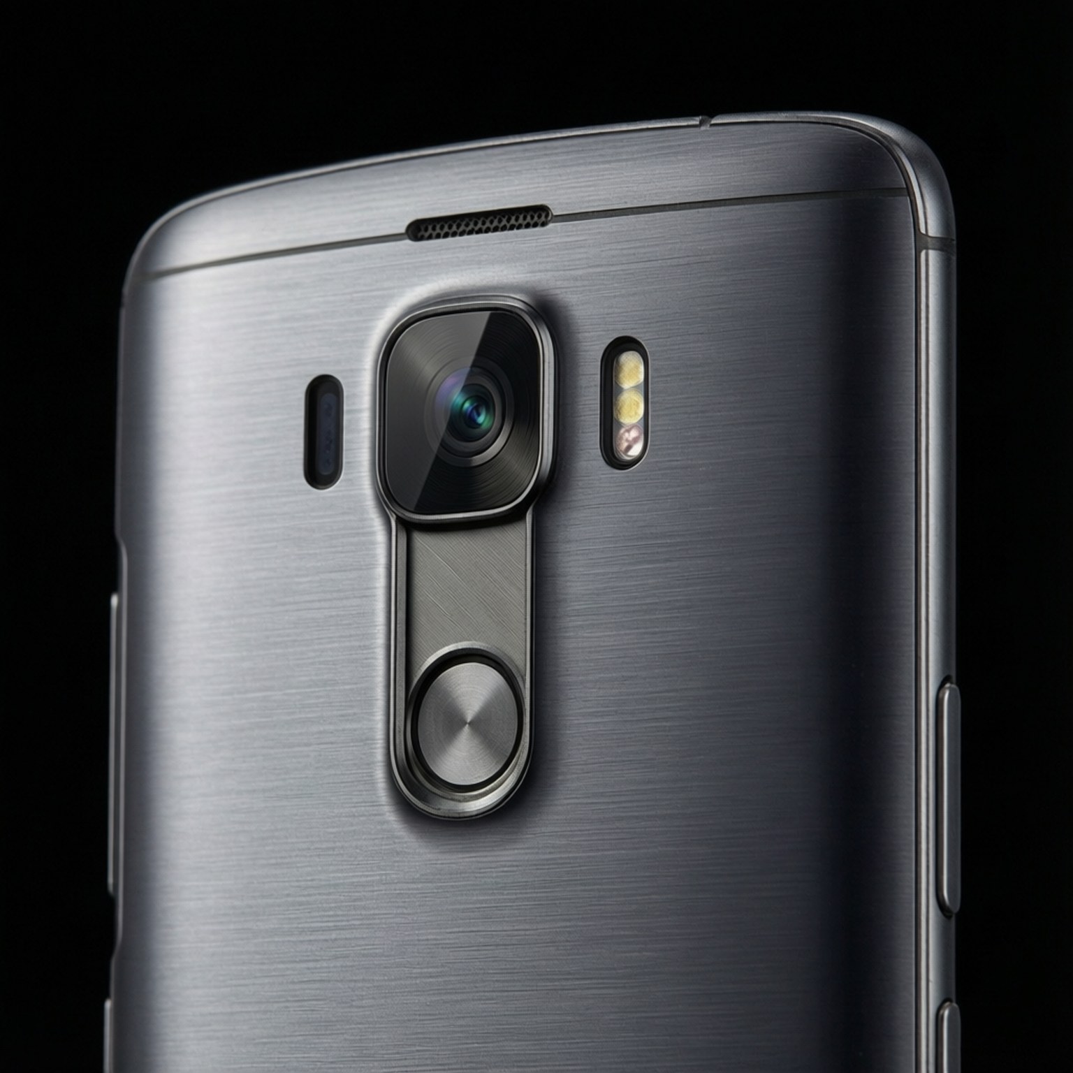 LG G3 Camera Detail 壁紙 — 黑色背景上，拉絲金屬智能手機背面的特寫，帶有突出的相機鏡頭閃光燈和指紋傳感器。