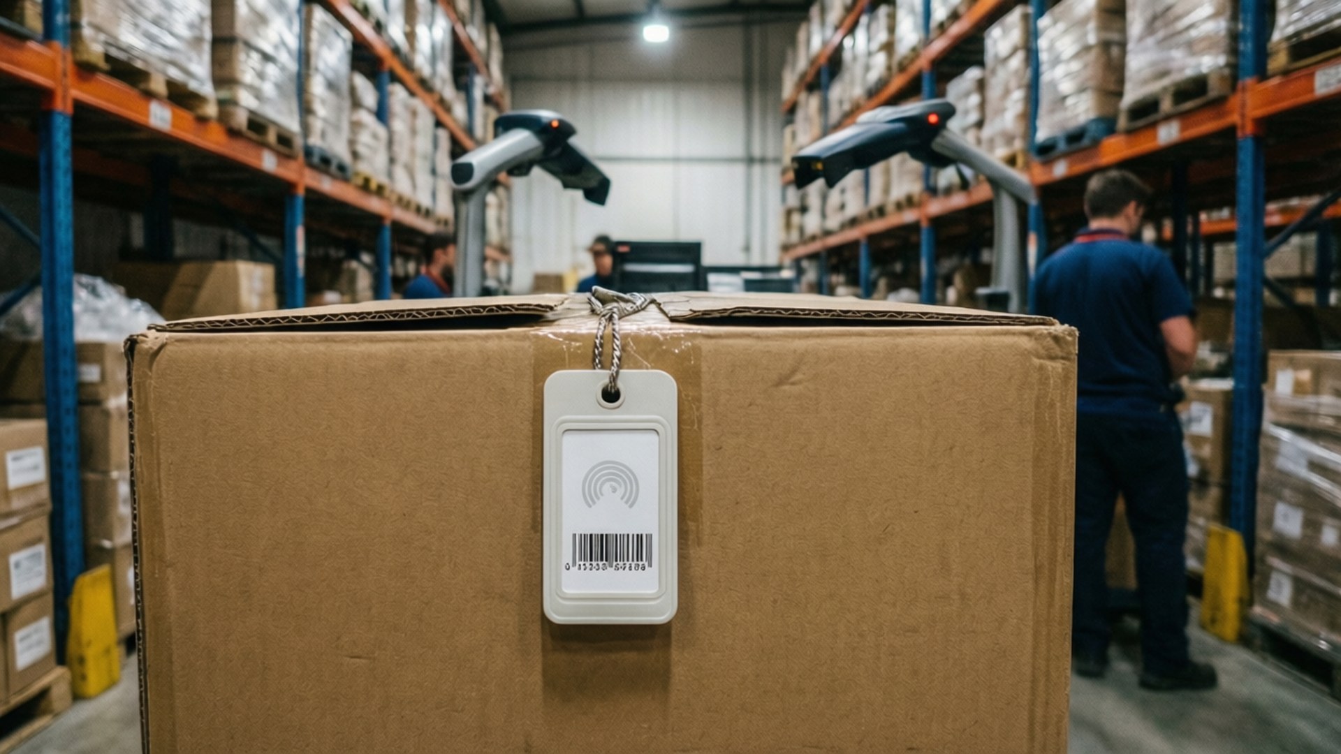RFID 桌布 壁紙 — 繁忙倉庫通道中，一個帶有條碼標籤的紙箱特寫，通道兩旁是高高的貨架。