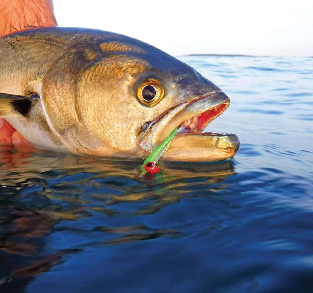  壁紙 — 一隻手喺漣漪藍色水面上拎住一條上釣嘅魚，魚口咬住綠色假餌嘅特寫。