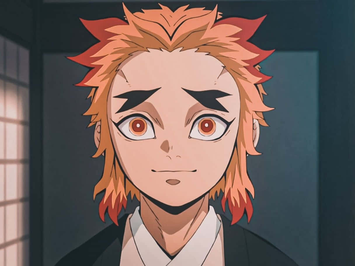  壁紙 — 一個決心堅定的動畫男孩特寫，他有火紅的橙色頭髮和強烈的琥珀色眼睛，身處傳統日式房間。