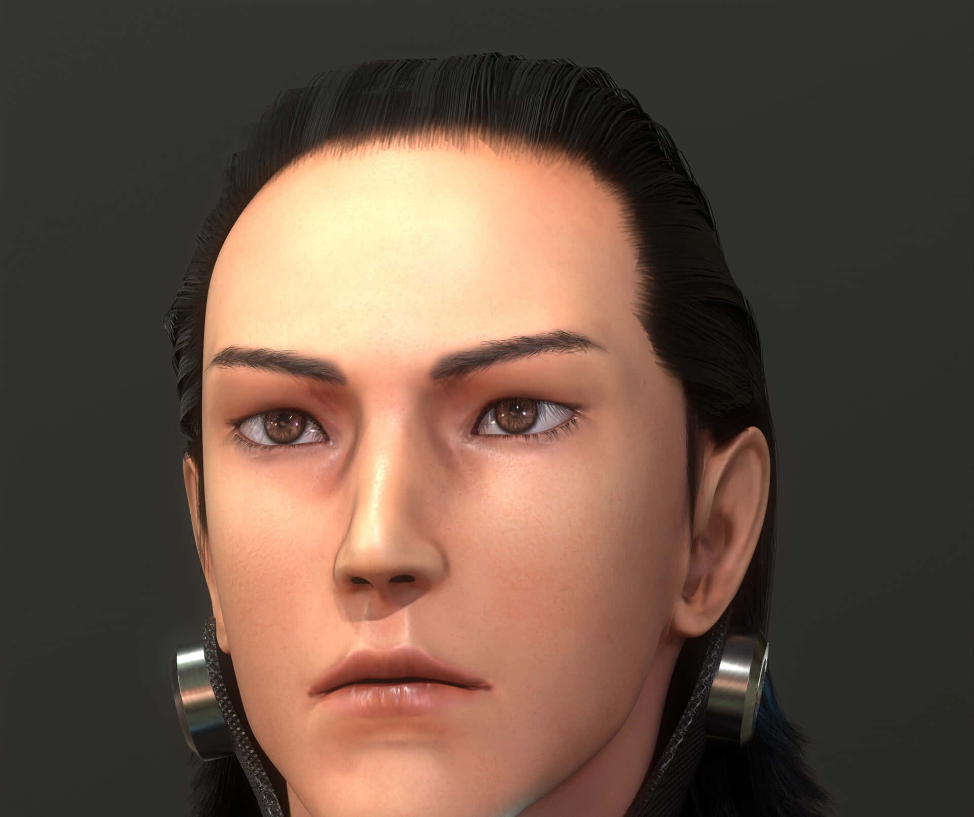 Masaru Kato 桌布 壁紙 — 數碼渲染男性角色的特寫，黑色向後梳的頭髮和金屬耳環，背景為深灰色。