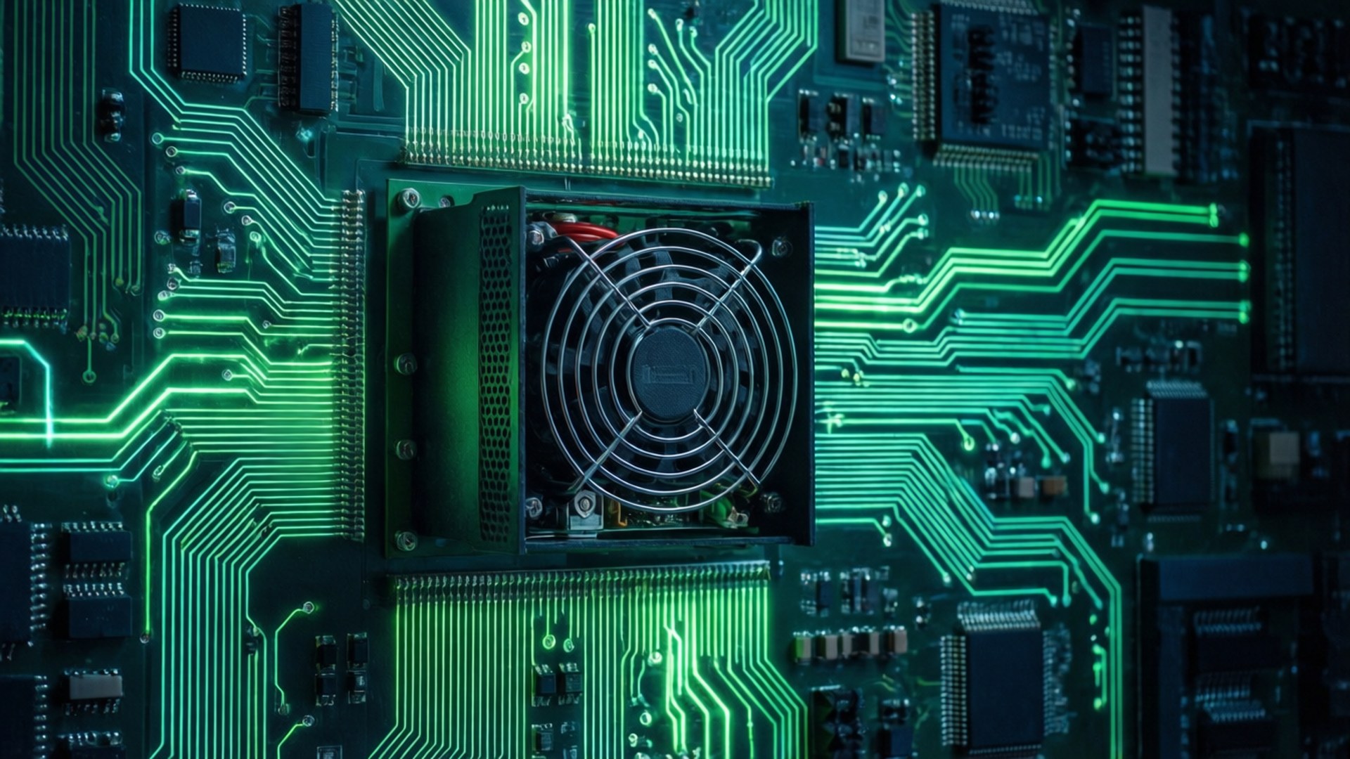 桌布 壁紙 — 發光綠色電路板的特寫，中央冷卻風扇由霓虹電路線照亮。