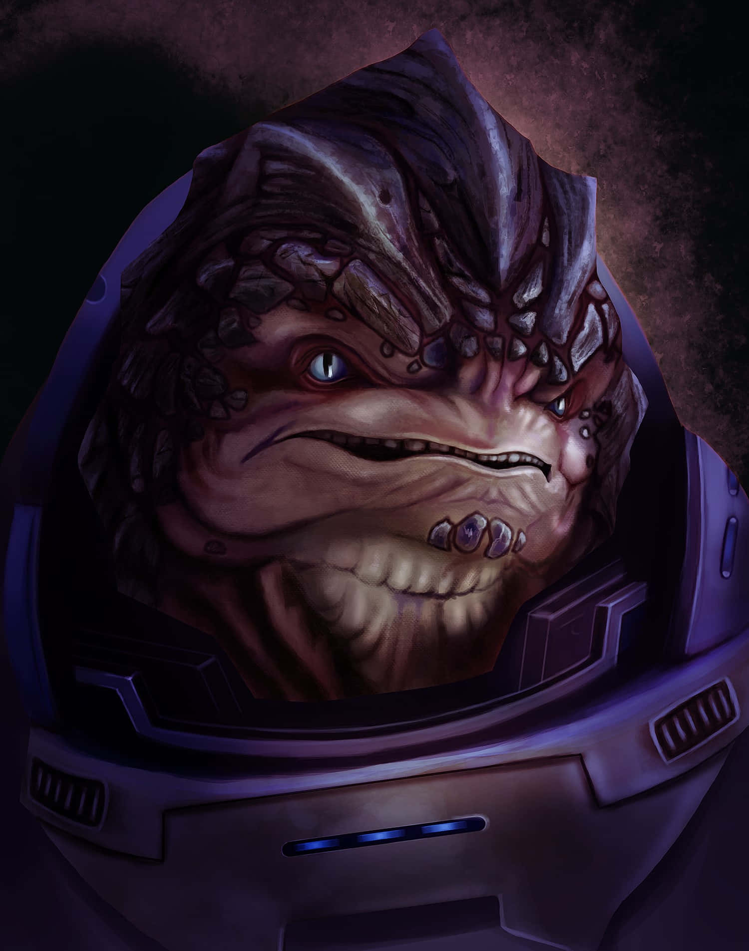 Mass Effect Legion 桌布 壁紙 — 一個未來主義頭盔內，一個皮膚有紋理、眼睛發出藍光的怪異外星生物的近距離特寫。