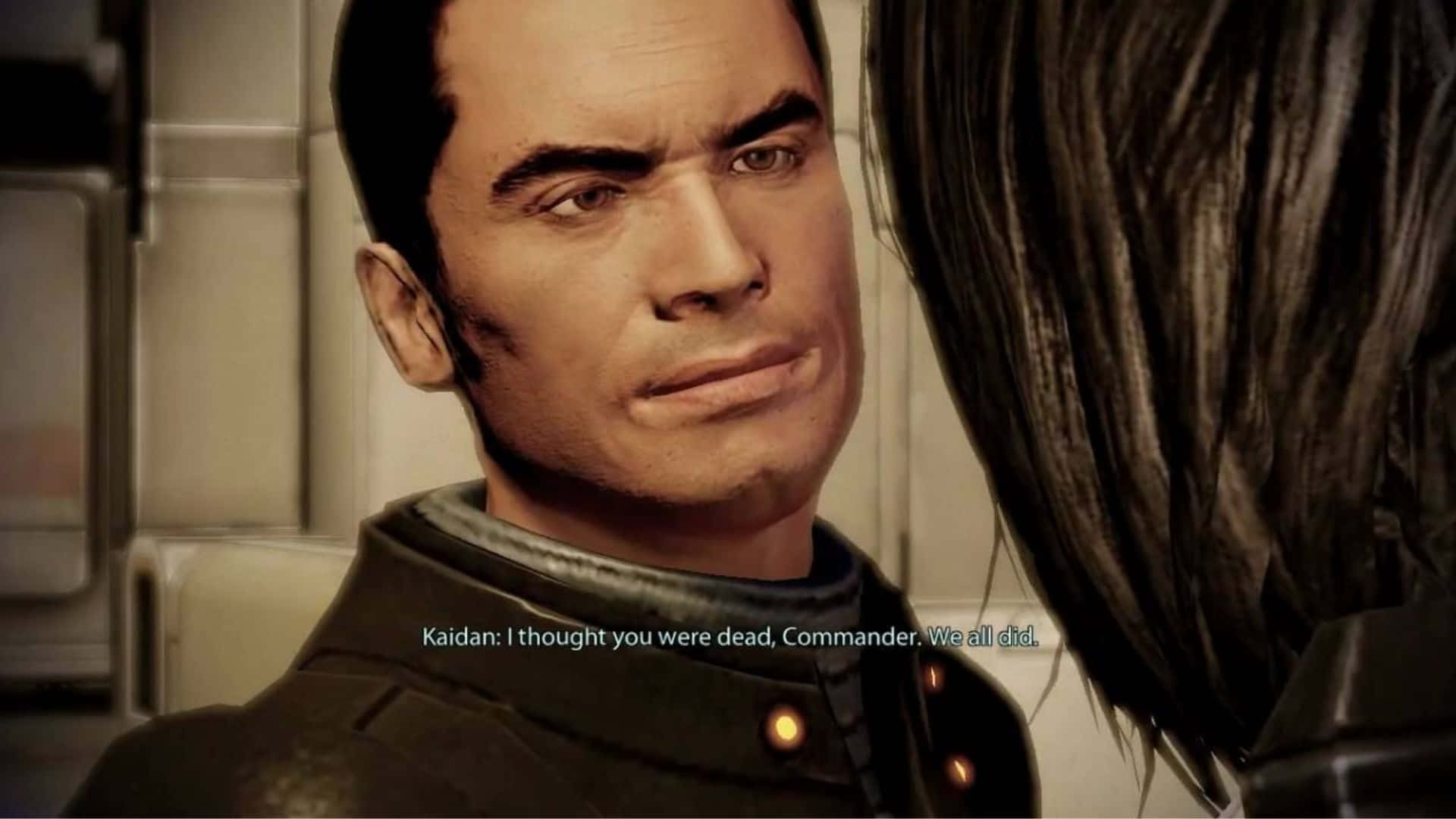Kaidan Alenko 桌布 壁紙 — 一名身穿深色制服嘅男人，表情嚴肅，專注地望住另一個人嘅特寫。