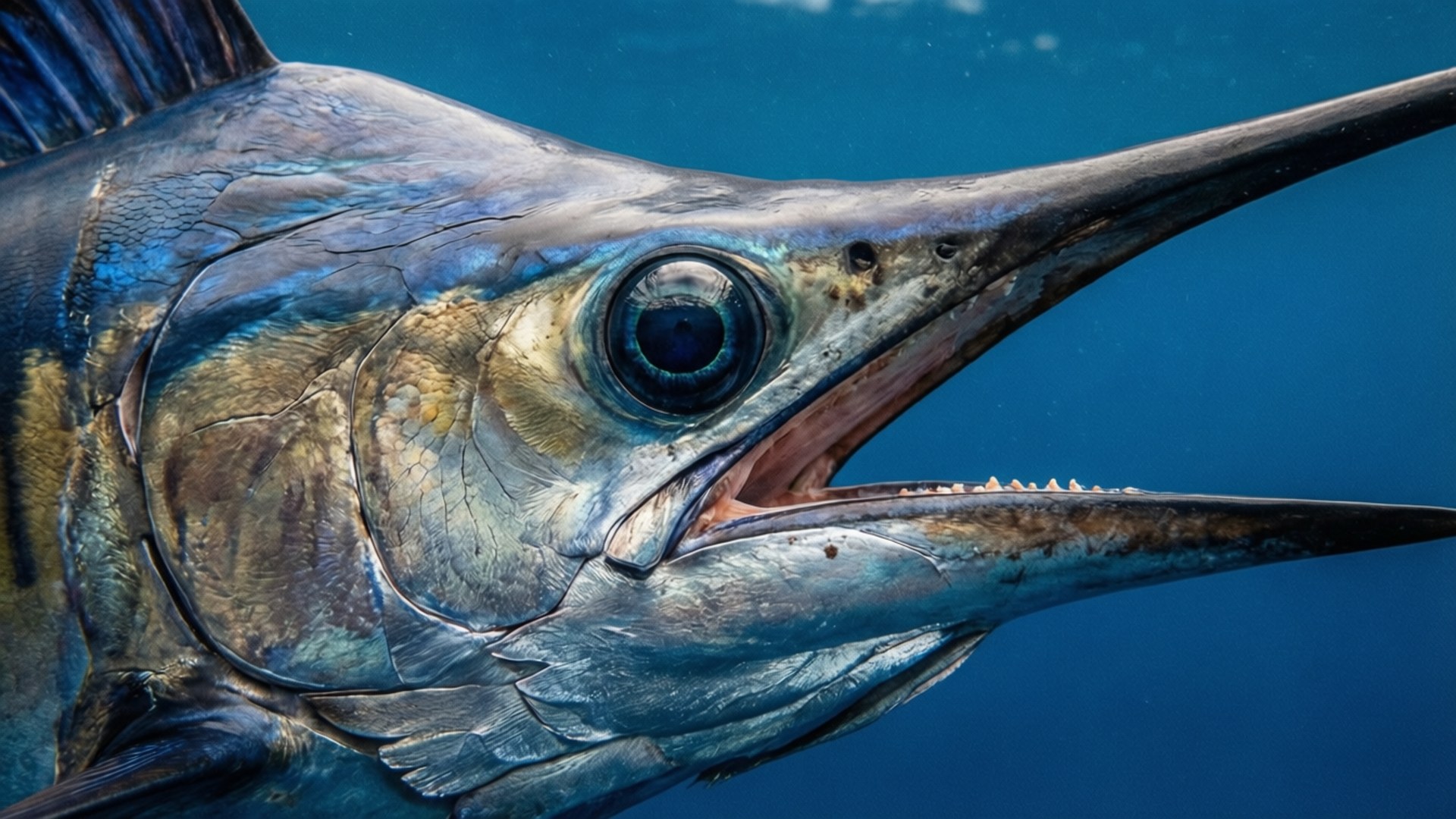 marlin 桌布 壁紙 — 藍色海洋背景下，馬林魚頭部在水中的特寫，具有鋒利的喙和細緻的鱗片。