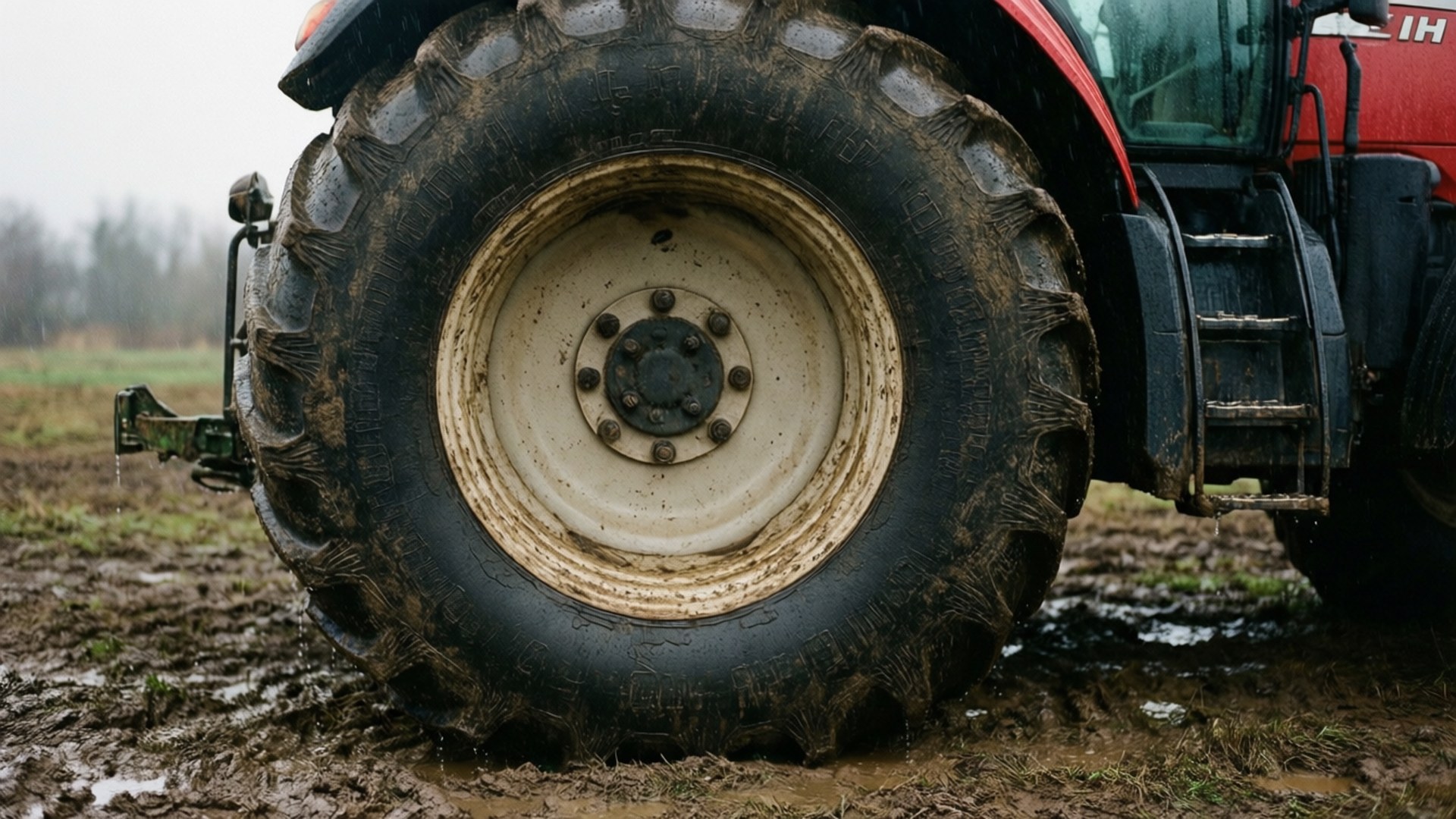 Case IH 桌布 壁紙 — 陰天潮濕田地中泥濘拖拉機輪胎的特寫。