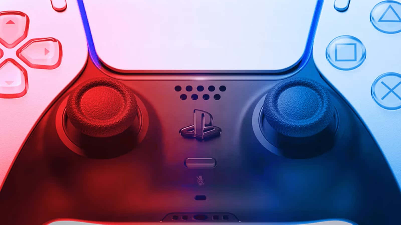  壁紙 — PlayStation 手掣嘅特寫，沐浴喺充滿活力嘅紅藍漸變燈光下，突顯其紋理握把同標誌性標誌。