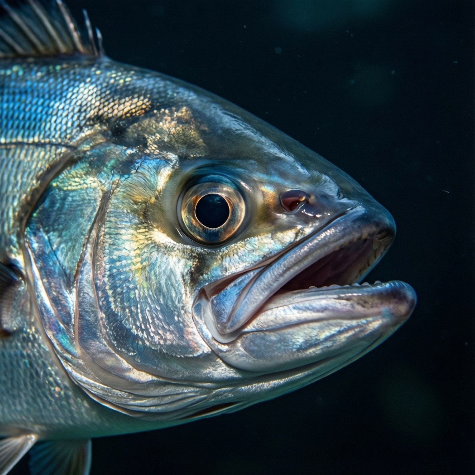 Cobia 桌布 壁紙 — 一條銀色魚的特寫，魚鱗細節清晰，大眼睛，在暗水中游動。