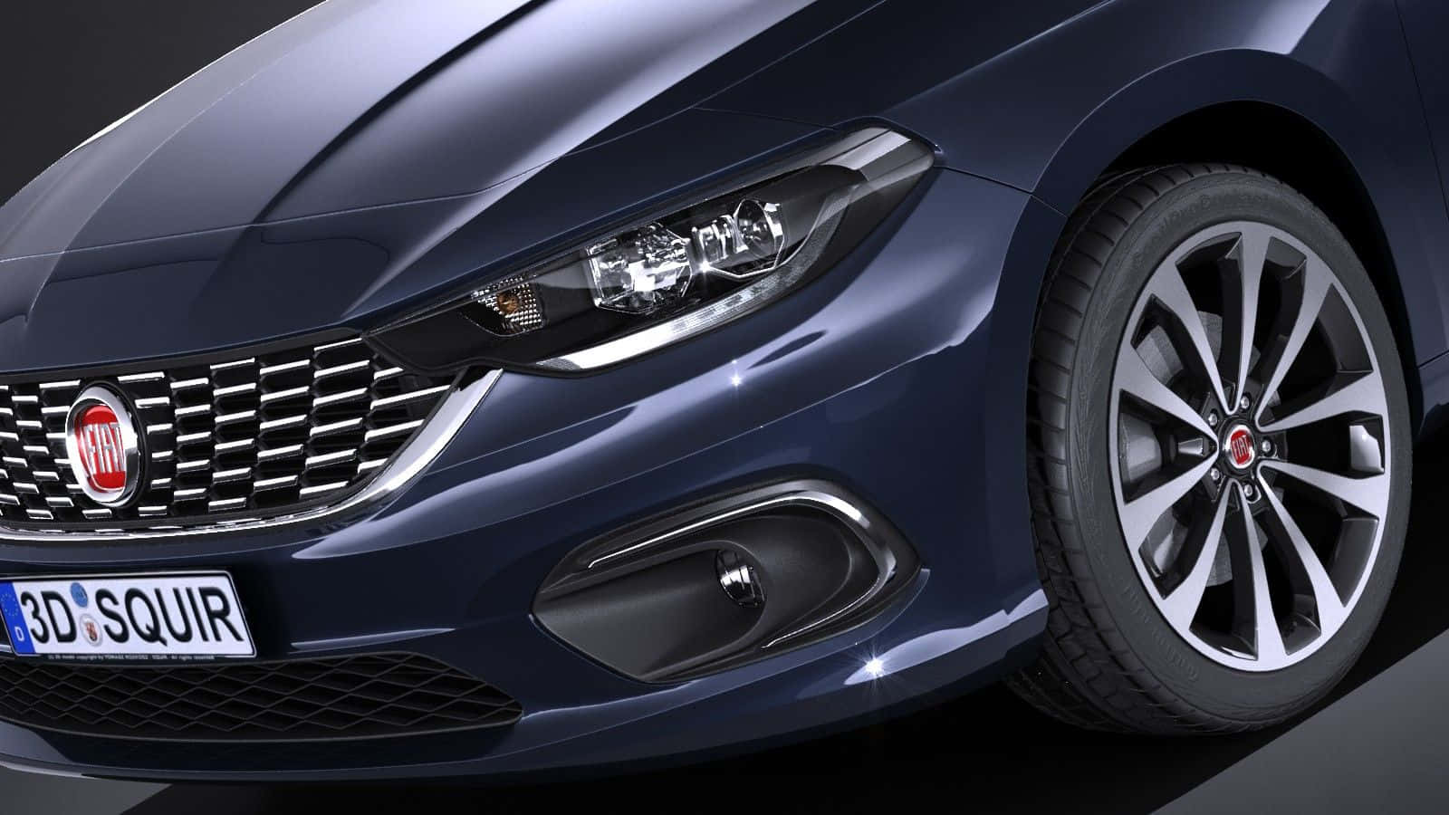 Fiat Tipo 桌布 壁紙 — 喺影樓燈光下，一部時尚深藍色 Fiat 汽車嘅車頭同合金輪圈嘅特寫。