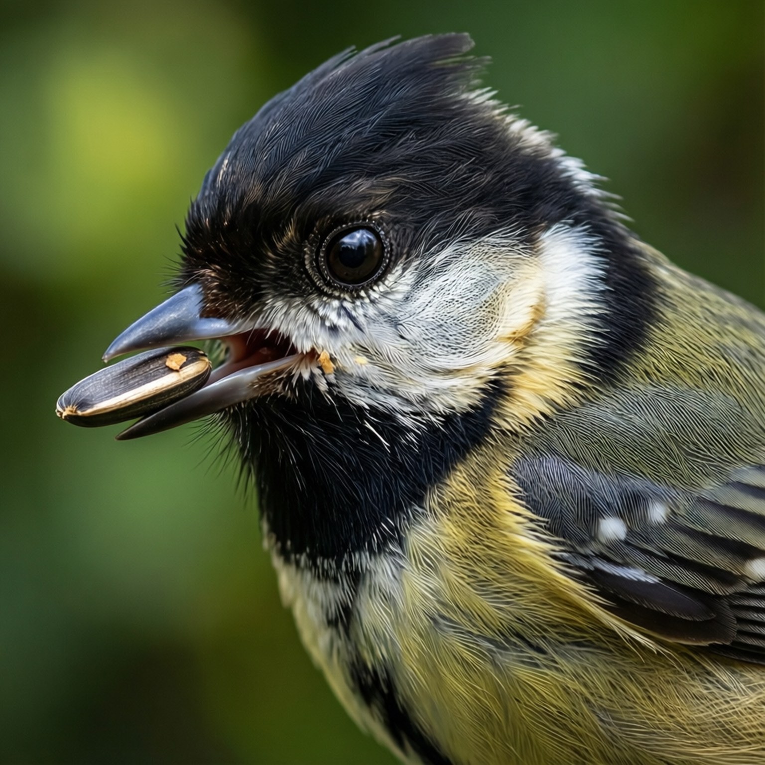 titmouse 桌布 壁紙 — 一隻小黑頭白頰黃綠色羽毛的小鳥近距離特寫，喙中叼著一顆葵花籽。