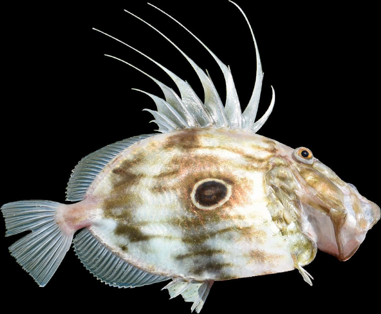  壁紙 — 一條多刺魚的特寫，帶有大眼斑和半透明魚鰭，背景為黑色。