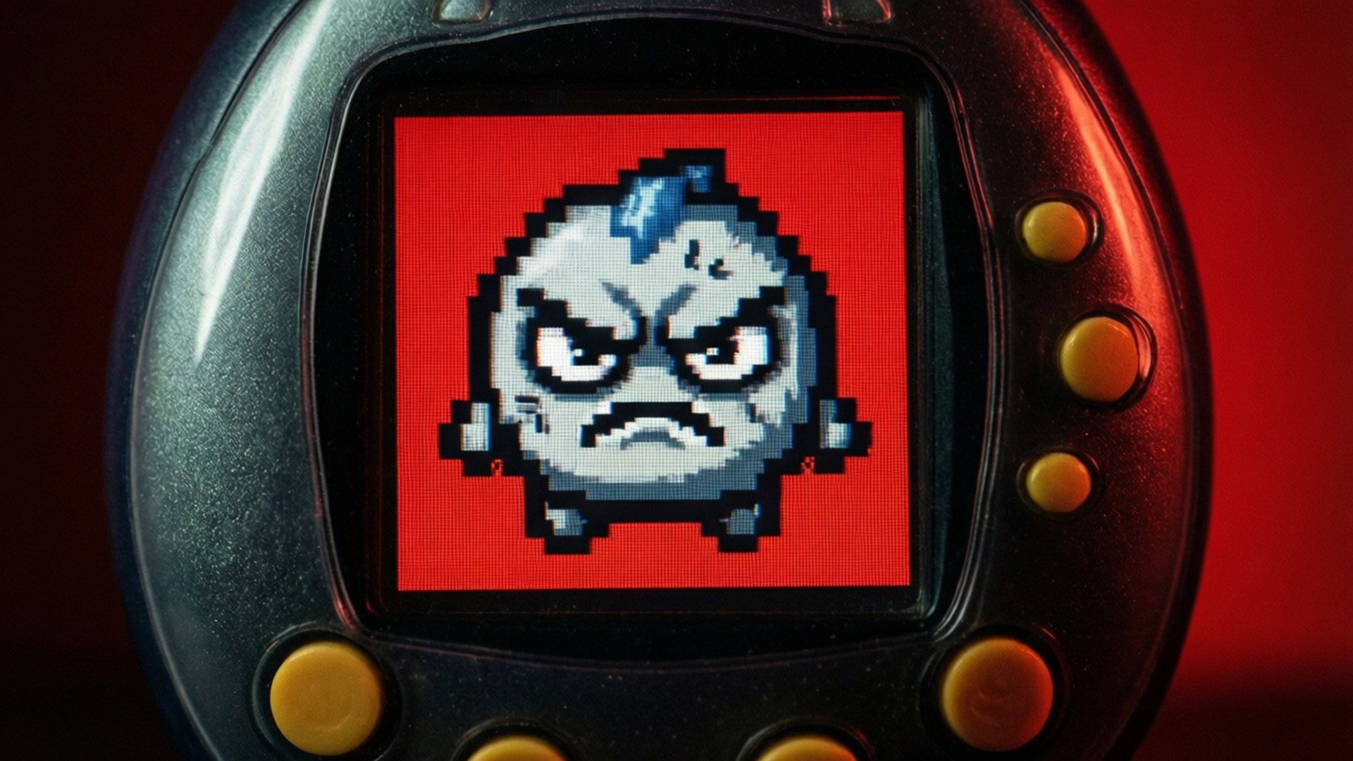 tamagotchi 桌布 壁紙 — Tamagotchi 嘅特寫，顯示一個憤怒嘅像素化生物喺紅色背景上。