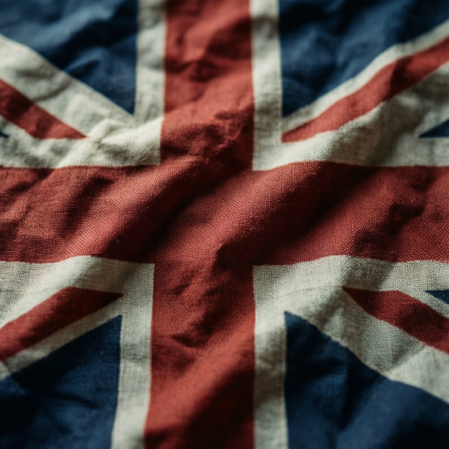 United Kingdom Flag 桌布 壁紙 — 英國國旗布料的特寫，具有紋理，深紅、藍、白色，顯示自然摺痕和磨損。