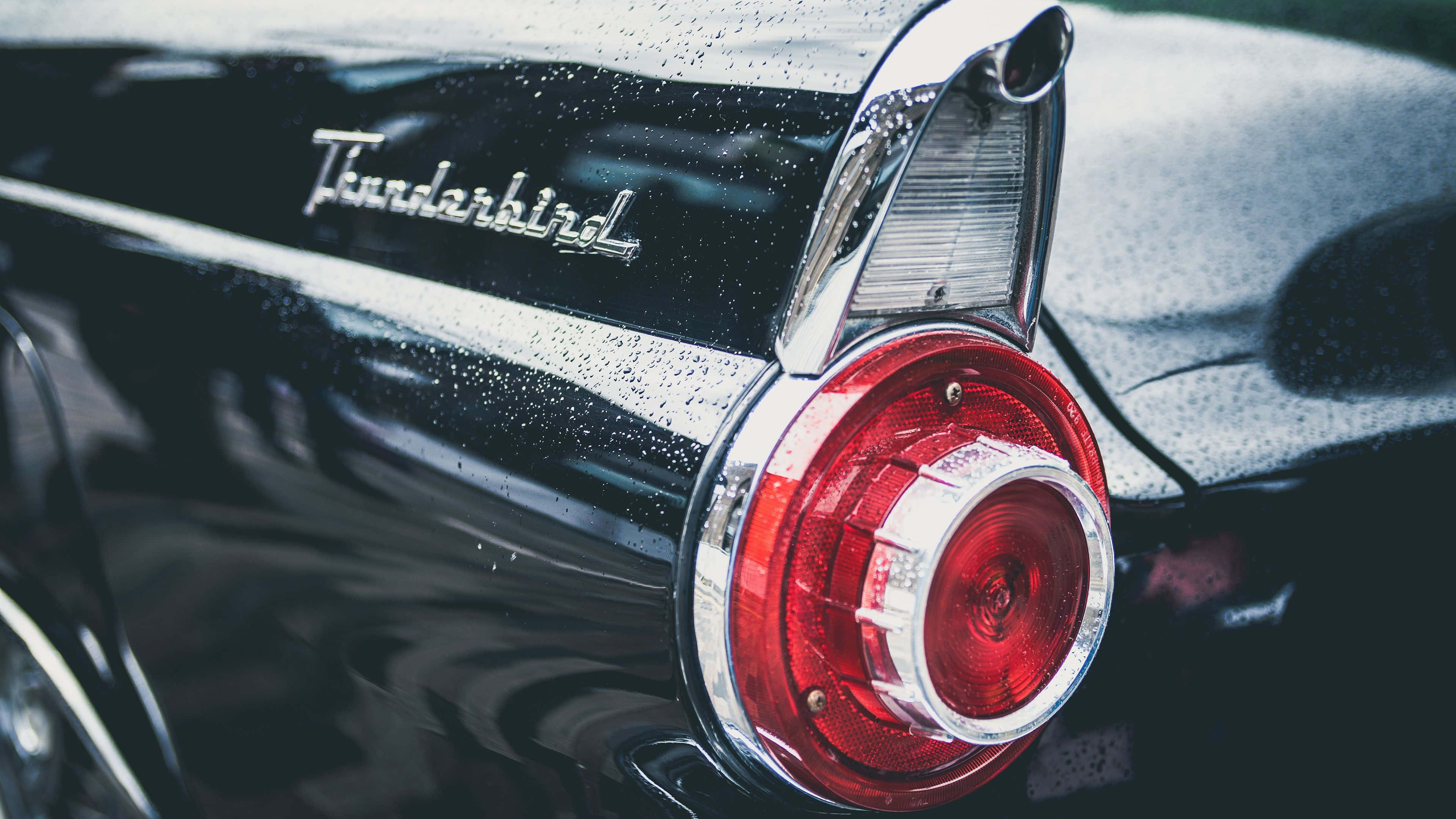 Ford Thunderbird 桌布 壁紙 — 經典黑色 Thunderbird 閃亮鍍鉻尾翼和紅色尾燈的特寫，滴著雨滴。