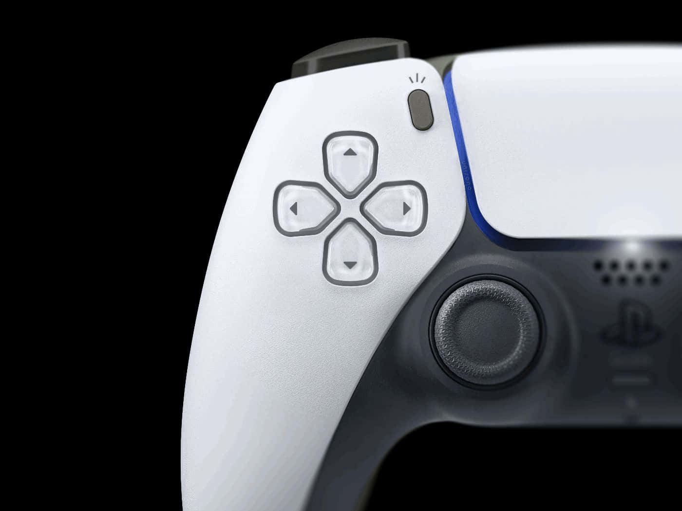  壁紙 — 白色PlayStation 5手掣嘅特寫，背景係黑色，突出其紋理握把同方向掣。