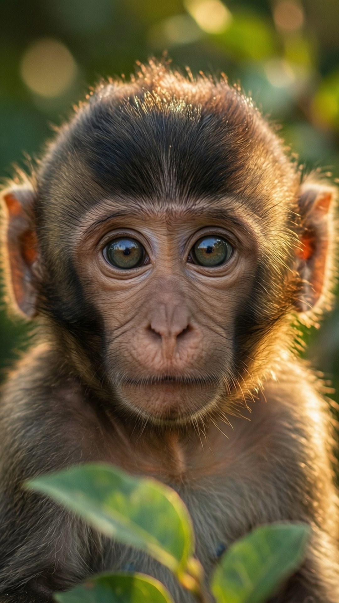 Baby Monkey 桌布 壁紙 — 一隻年輕猴子的大特寫，睜著好奇的大眼睛，在柔軟的綠色樹葉中直視鏡頭。