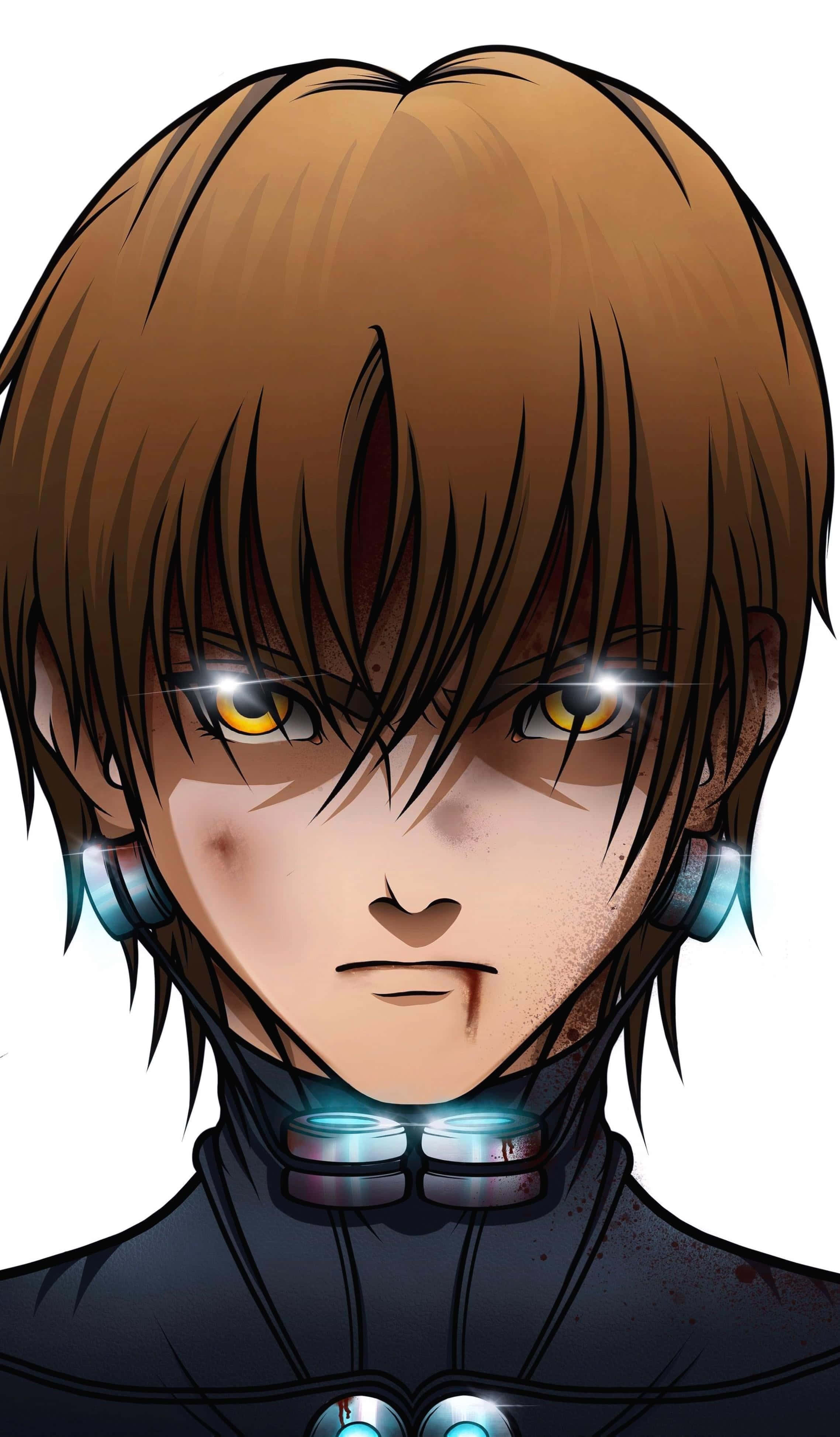 Gantz Kei Kurono 桌布 壁紙 — 白色背景上，一個擁有棕色頭髮、發光黃色眼睛和發光藍色領子的動漫角色特寫。