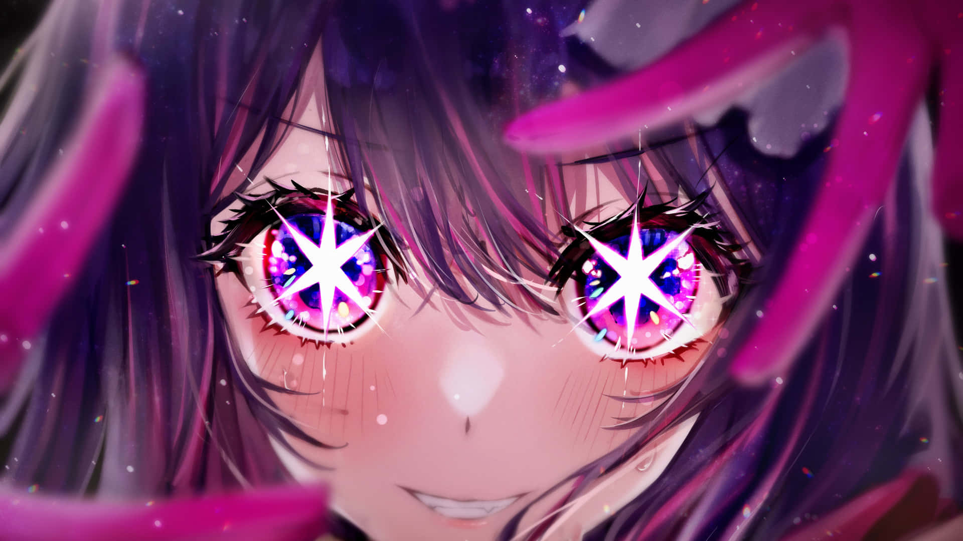  壁紙 — 動漫少女特寫，擁有閃爍星形眼睛和紫色頭髮，以粉紅色花瓣框住。