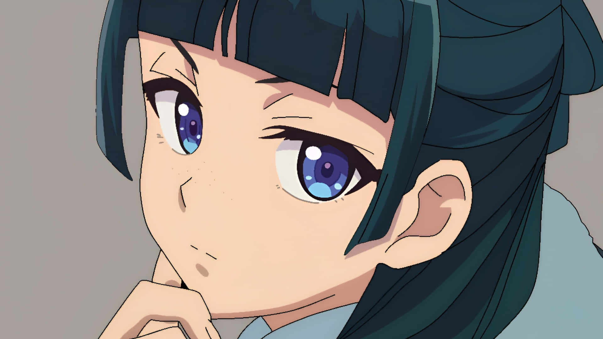  壁紙 — 動漫少女的近距離特寫，她擁有青綠色頭髮和閃閃發光的藍色眼睛，用手托著下巴。