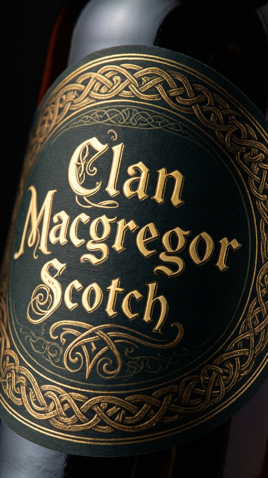 Clan Macgregor Scotch 酒瓶標籤特寫，帶有金色凱爾特結飾。