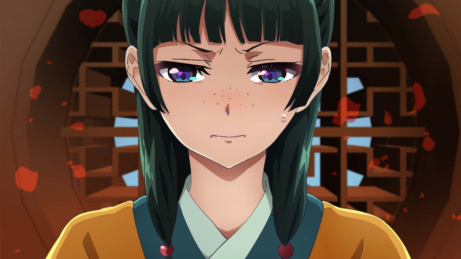  壁紙 — 一個動漫女孩的特寫，她有綠色頭髮和紫色眼睛，穿著傳統服裝，紅色花瓣在她周圍飄落。
