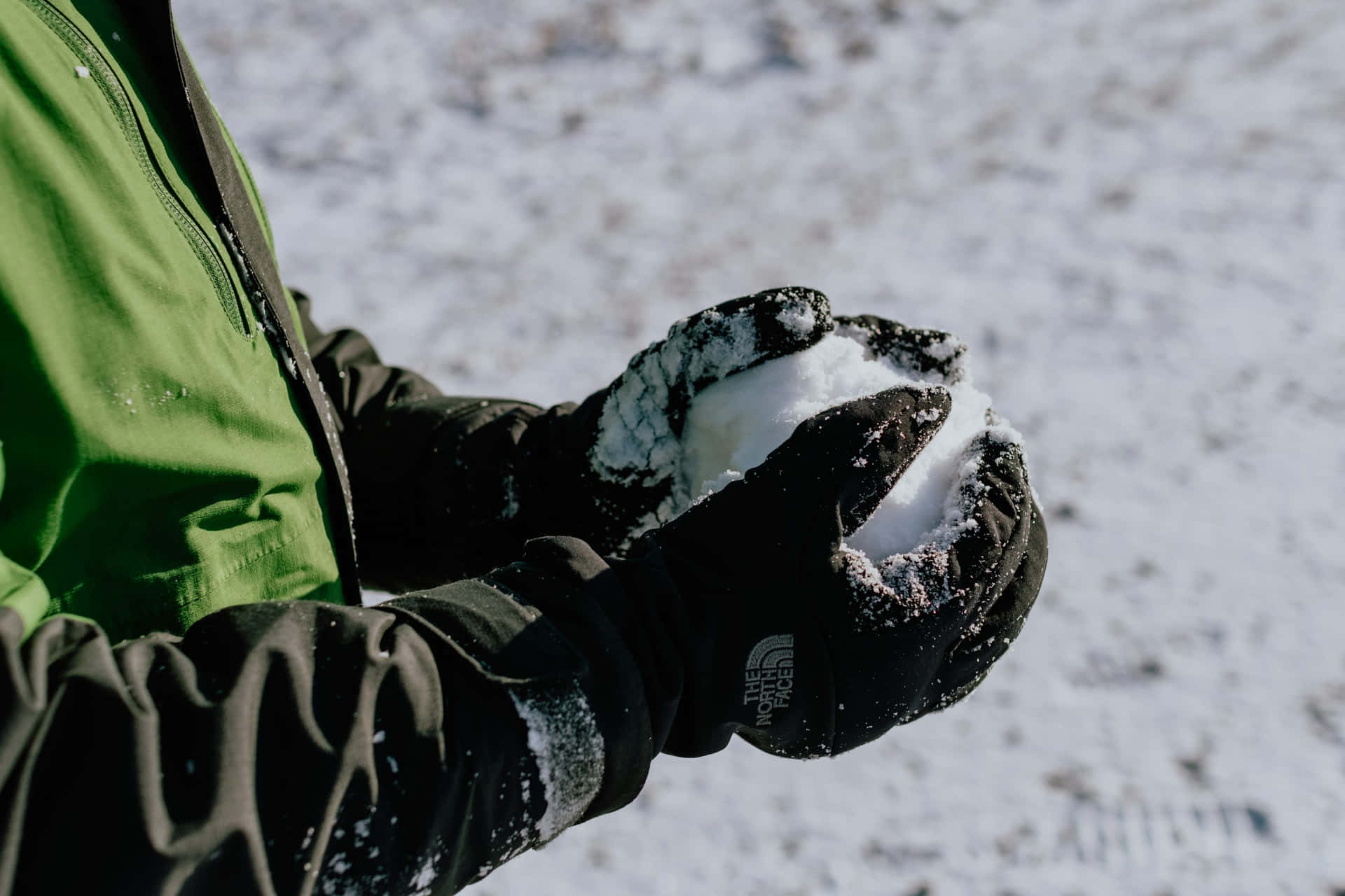 壁紙 — 戴手套的雙手在明亮的陽光下，於雪地上捧著雪球的近距離特寫。