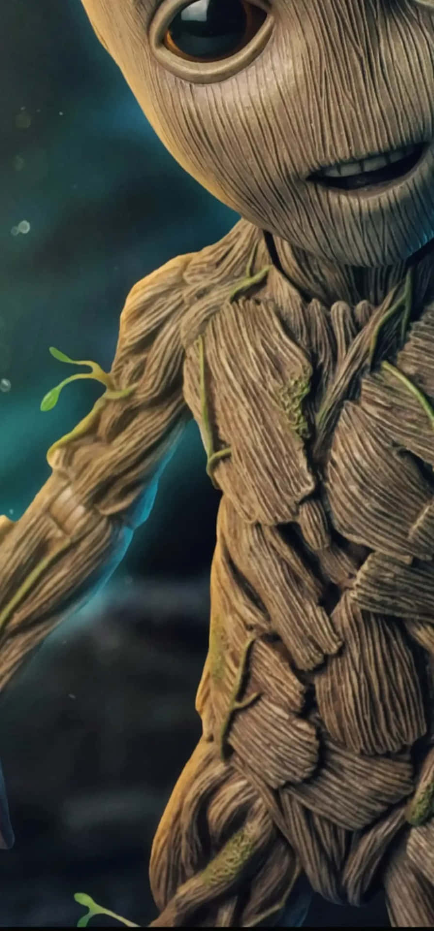  壁紙 — 格魯特木紋質感的臉部和手臂特寫，帶有發光的綠色藤蔓，背景是黑暗的宇宙。