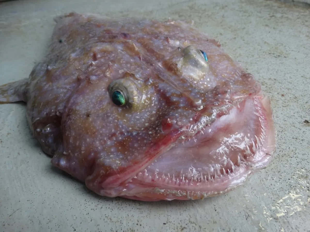  壁紙 — 一條怪異嘅粉紅色魚，有凸出嘅綠色眼睛同鋸齒狀牙齒，躺喺斑點表面嘅特寫。