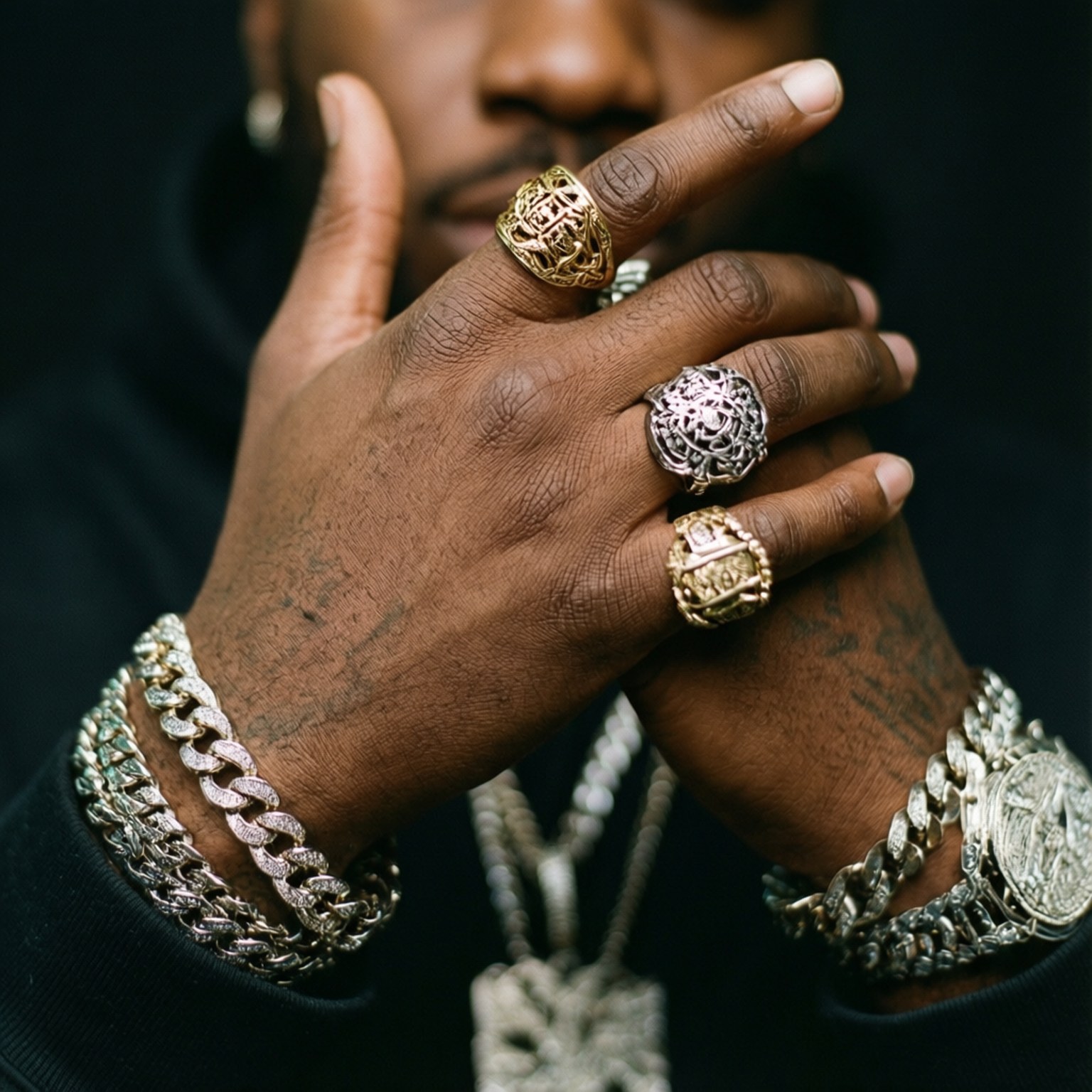 2 Chainz 桌布 壁紙 — 特寫鏡頭：一雙手戴著華麗的金銀戒指和粗大的鑽石鏈條，背景深色。