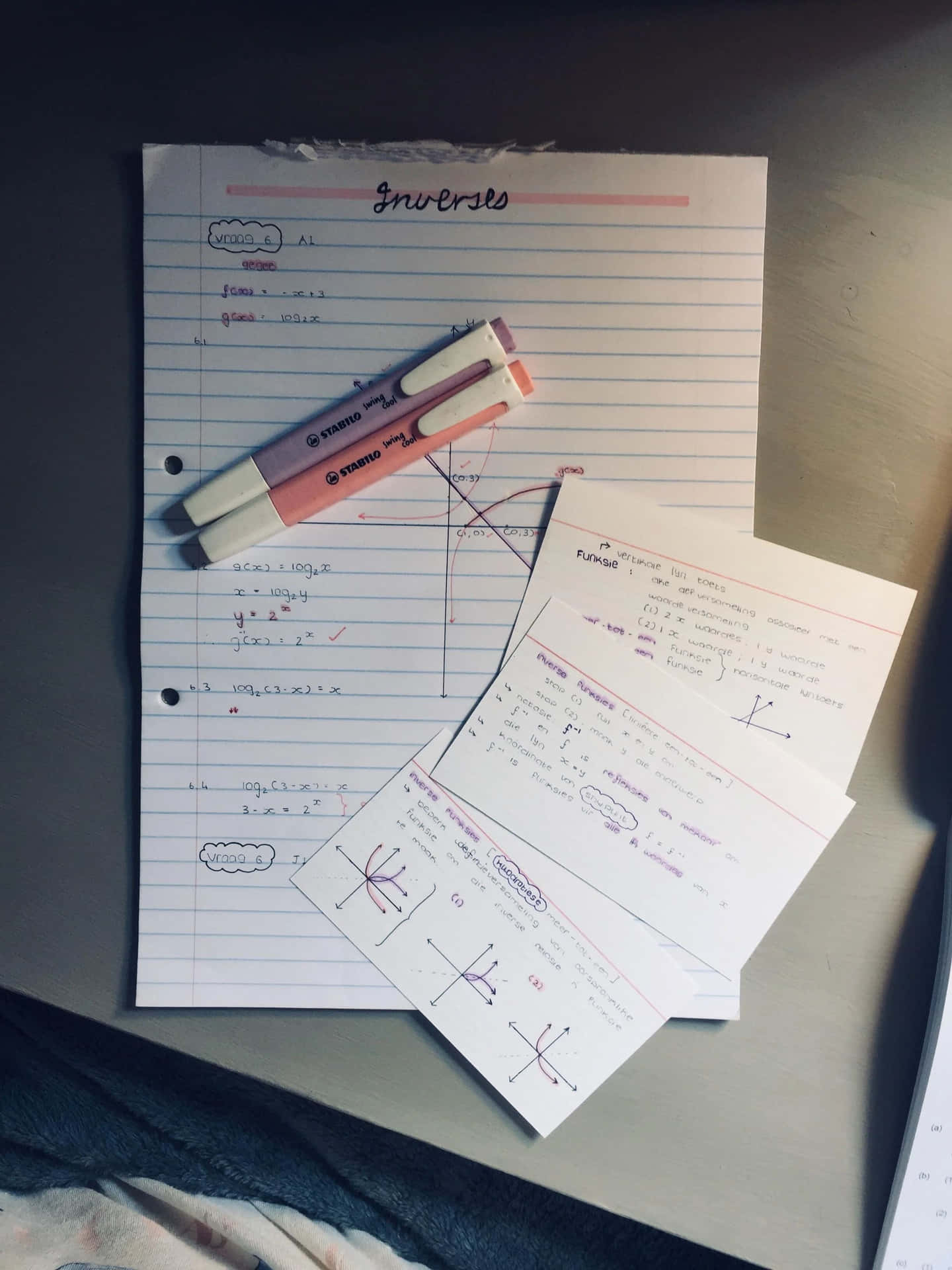  壁紙 — 書桌上嘅手寫數學筆記近鏡，用咗粉紅色螢光筆同埋反函數圖表喺間線紙上。