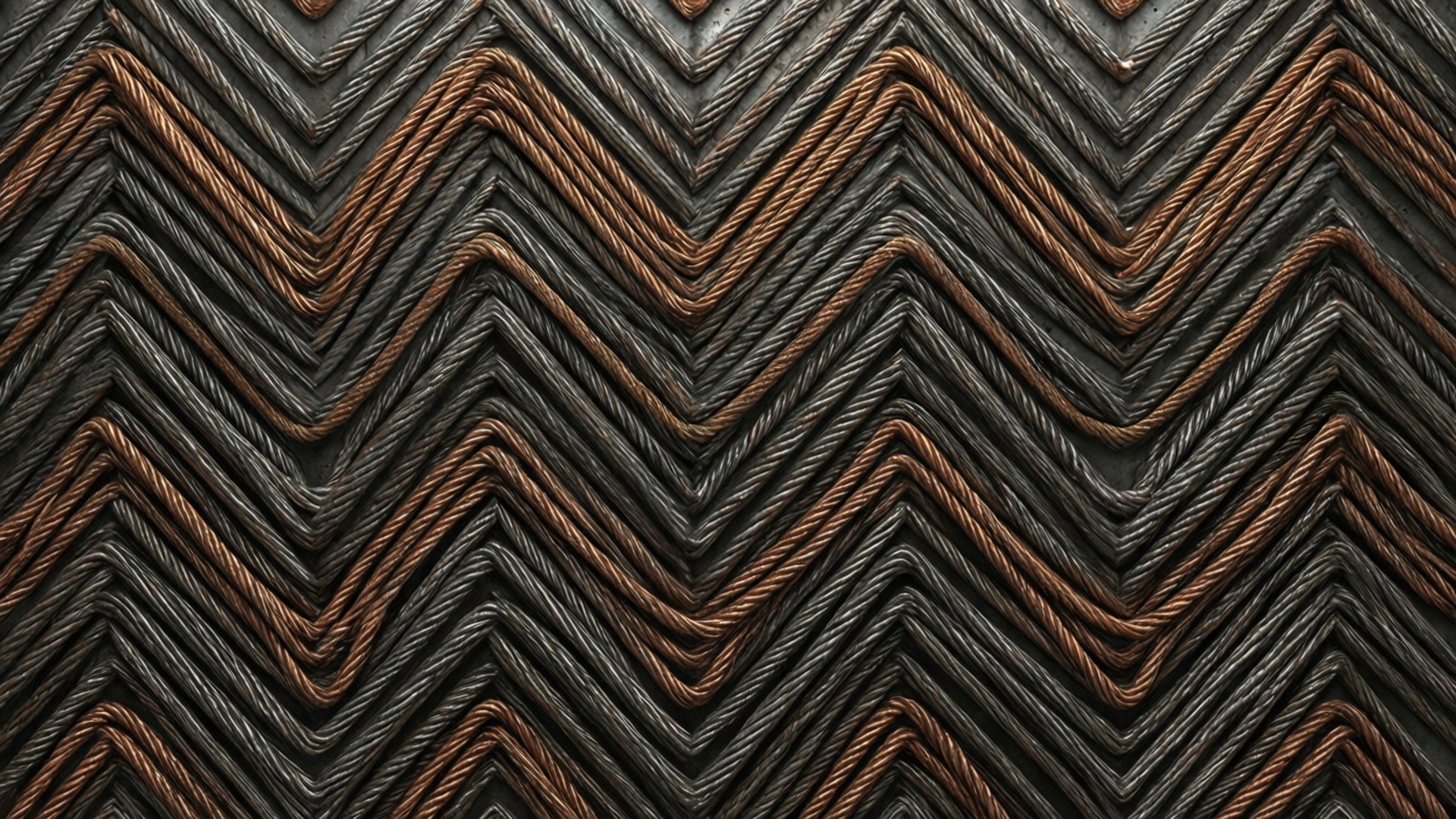 Chevron 桌布 壁紙 — 黑色與銅色繩索交織形成重複鋸齒紋理的近距離特寫，具有質感深度。