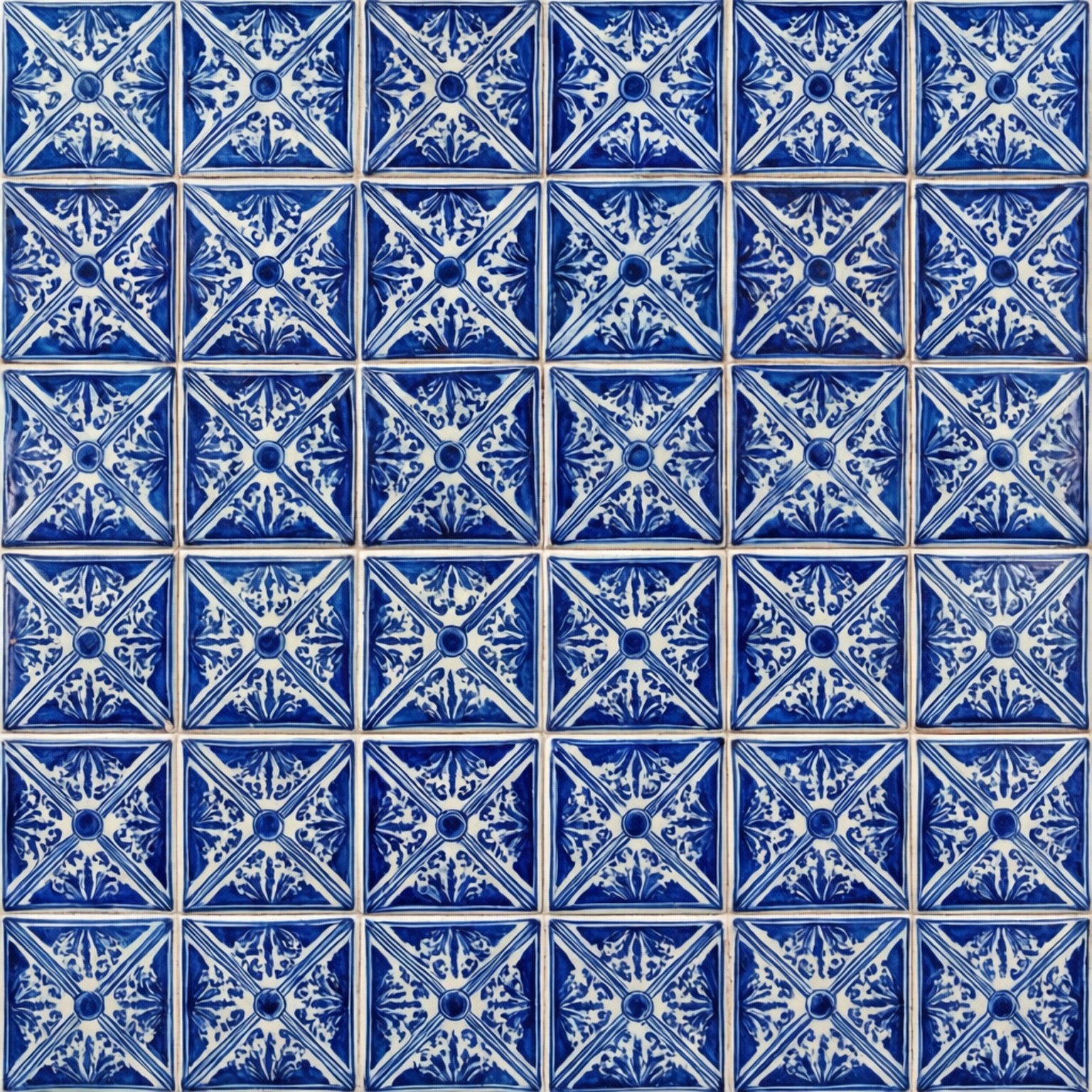 Talavera Tiles 壁紙 — 複雜藍白陶瓷磚的特寫，以重複幾何圖案排列，帶有花卉圖案。