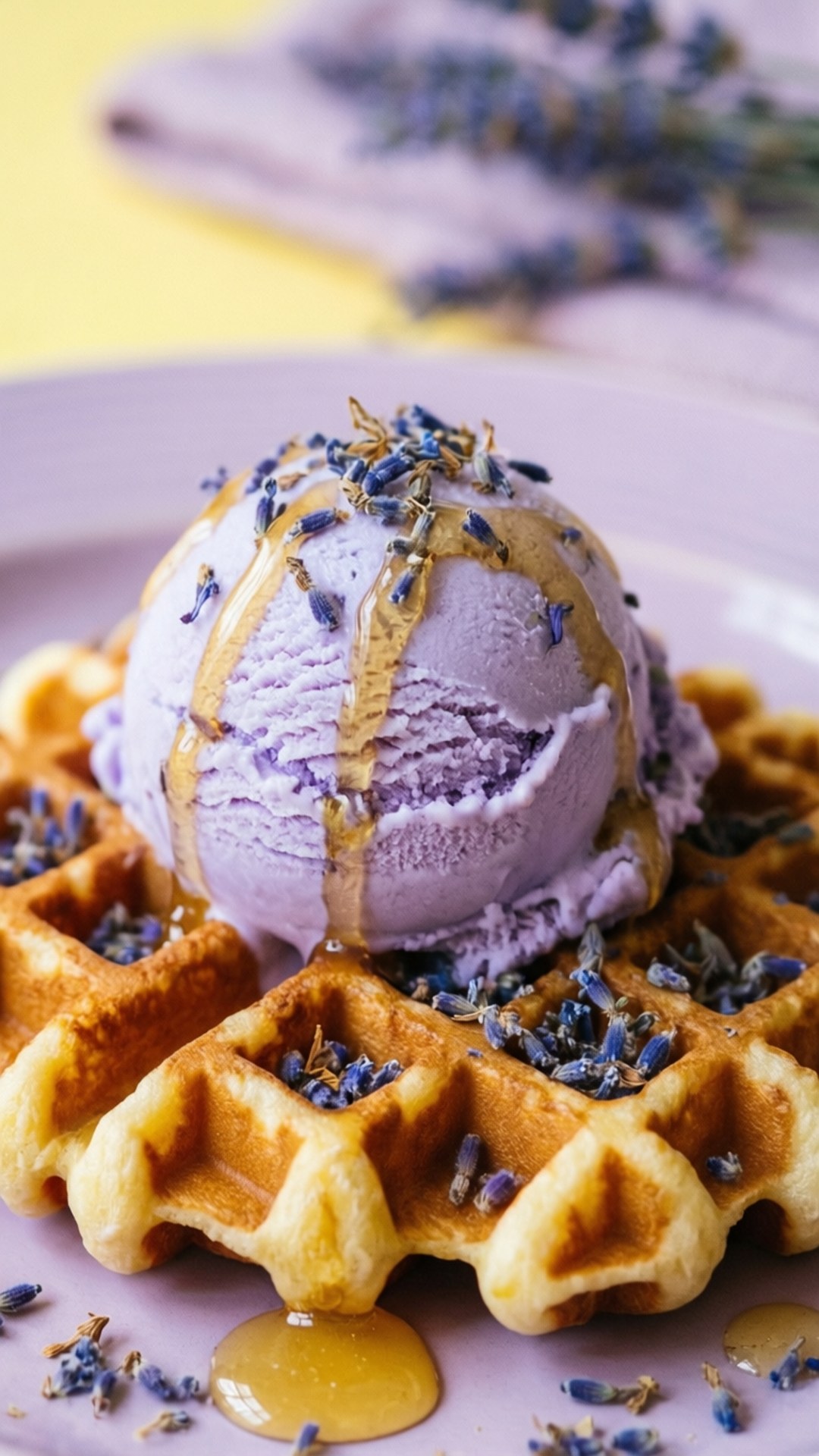 Lavender Honey Waffle 壁紙 — 金黃色窩夫上淋上蜂蜜的薰衣草雪糕特寫，撒上新鮮薰衣草花蕾。