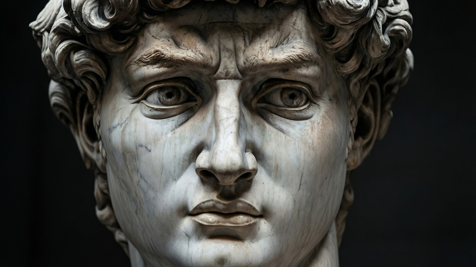 Michelangelo's David 桌布 壁紙 — 米開朗基羅的大衛大理石雕像特寫，眼神強烈，捲髮細節豐富，背景深色。