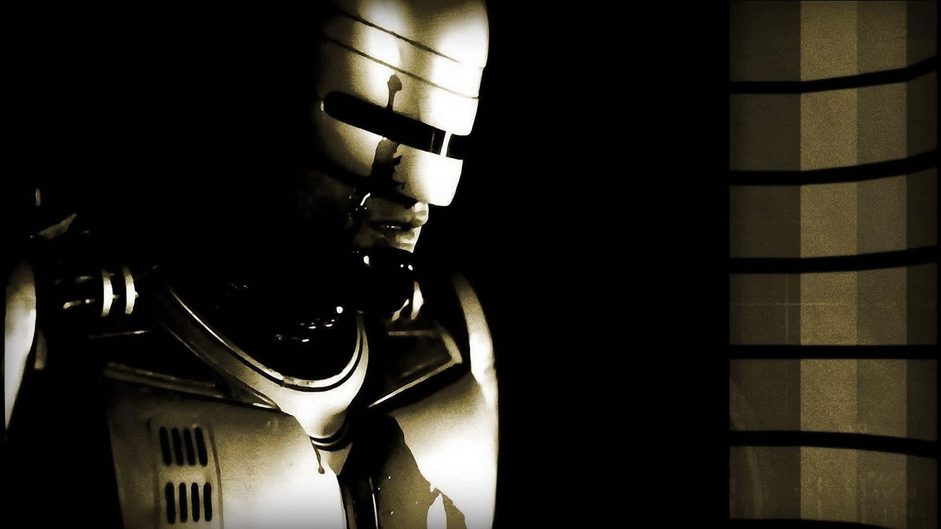  壁紙 — 機械戰警戴著頭盔的頭部特寫，在黑暗背景和條紋牆壁前被強光照亮。