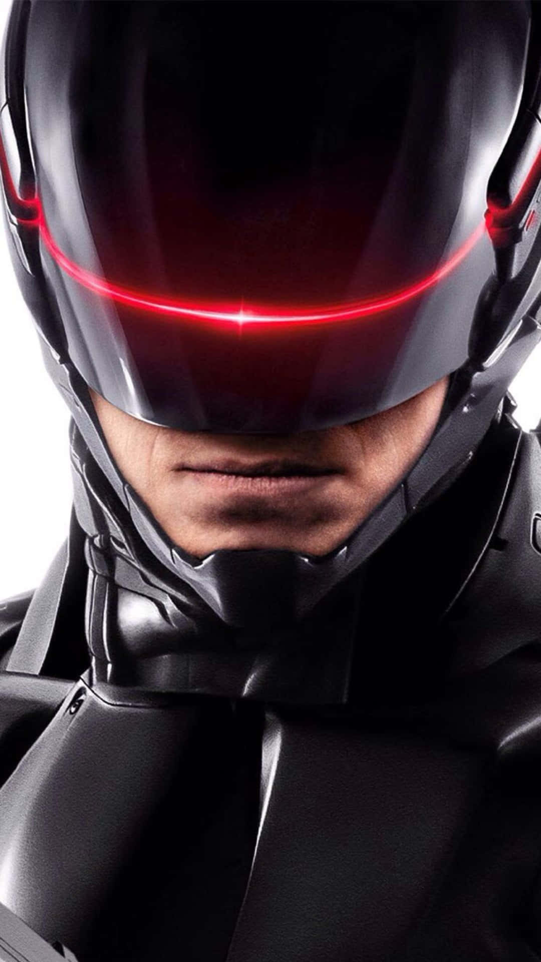  壁紙 — RoboCop 標誌性黑色頭盔的近距離特寫，紅色護目鏡發光，背景為純白色。