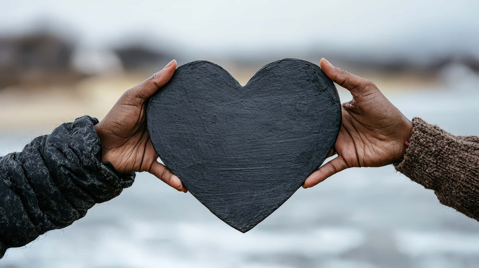 Close-up of two hands holding a black heart-shaped object together, symbolizing love, unity, support 壁紙 — 兩隻手在模糊的海灘背景下拿著一顆深灰色的心形石頭。