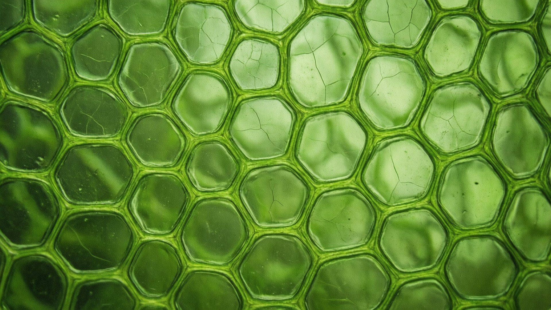 綠色植物細胞的顯微鏡視圖，顯示六邊形形狀和內部結構。