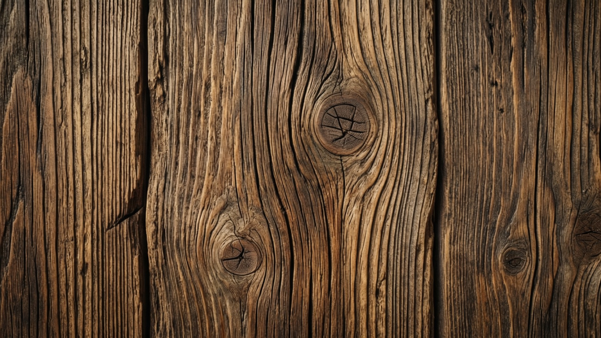 Rustic Wood Grain 壁紙 — 在柔和光線下，風化木板的特寫，具有深層紋理和明顯的節疤。