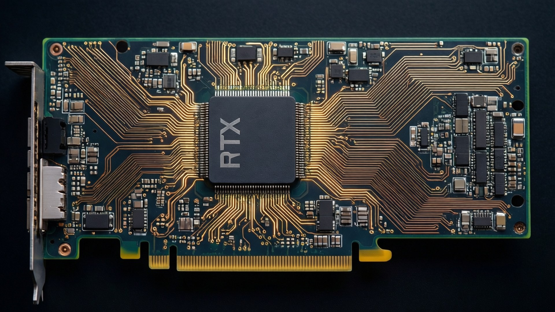 RTX 顯示卡特寫，顯示電路和連接器。